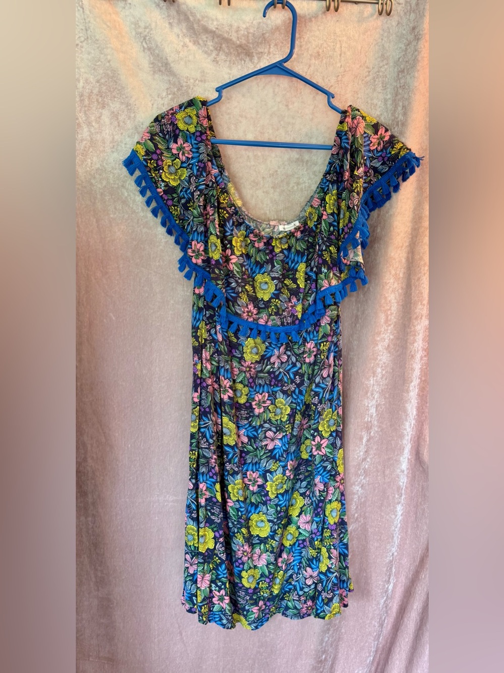 Westport Floral Tassel Dress Size XL Boho Blue Pink Yellow Mini Dress